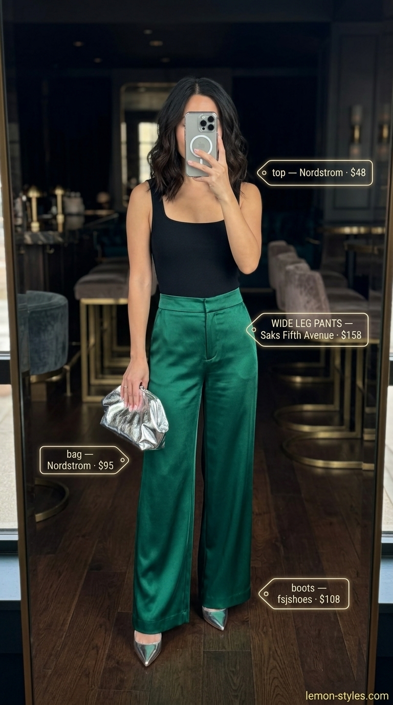 Glamorous emerald green wide-leg pants outfit for women 2026, paired with a black bodysuit and silver heels for a night out.