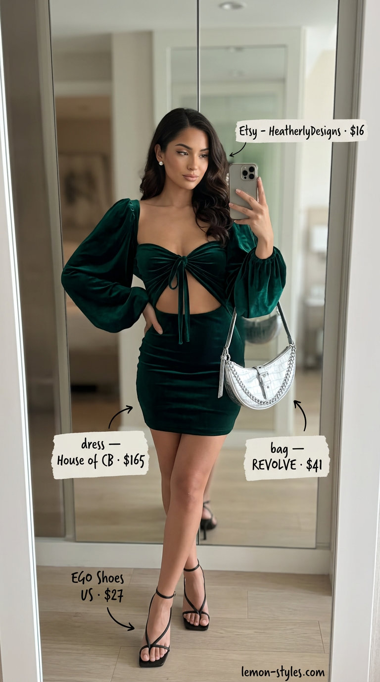 Luxurious emerald green velvet mini dress outfit for women 2026, styled with black heels and a silver clutch for a party.