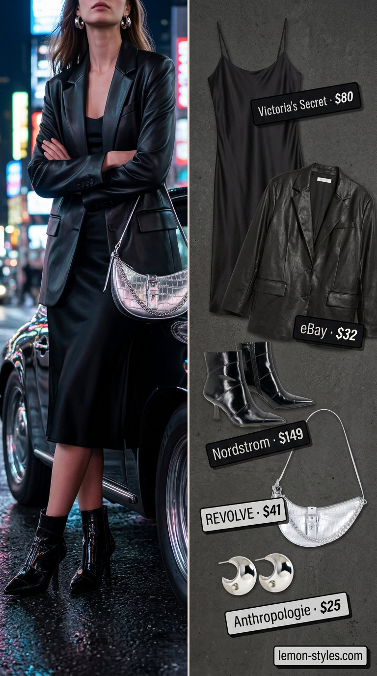 Edgy black satin slip dress with an oversized faux leather blazer for glam summer night out outfits for women 2026.