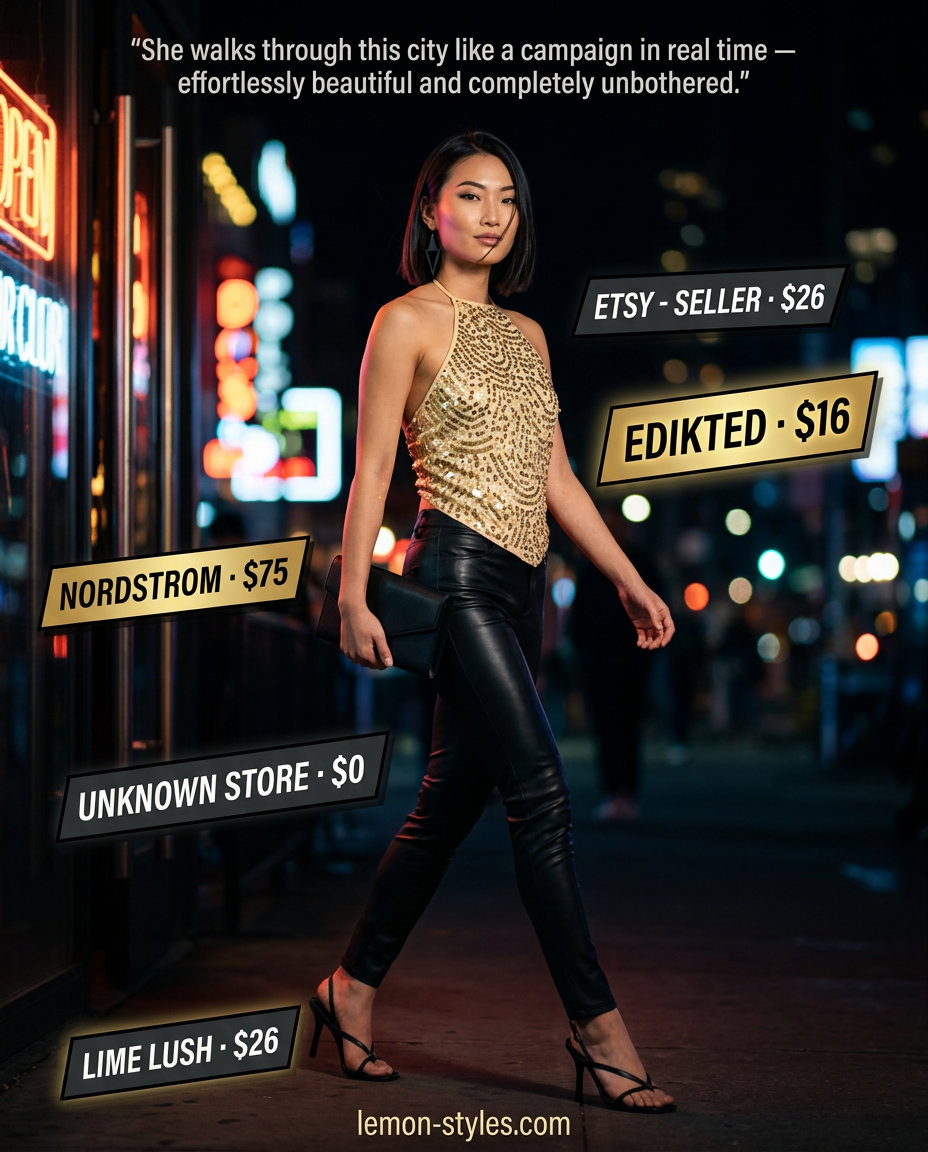 Sparkling gold sequin halter top outfit for women 2026, paired with black trousers and heels for a glam party.