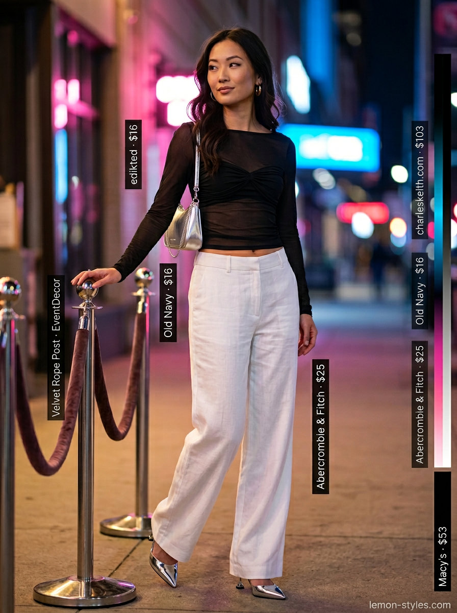 Chic sheer black mesh top outfit for women 2026, paired with white wide-leg pants and silver heels for a night out.