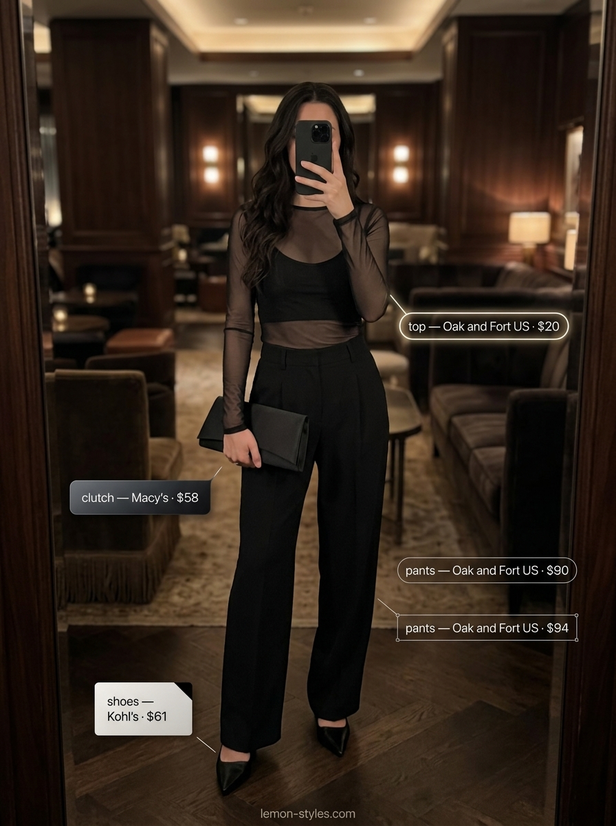 Alluring sheer black mesh top outfit with black trousers and heels for glam summer night out outfits for women 2026.