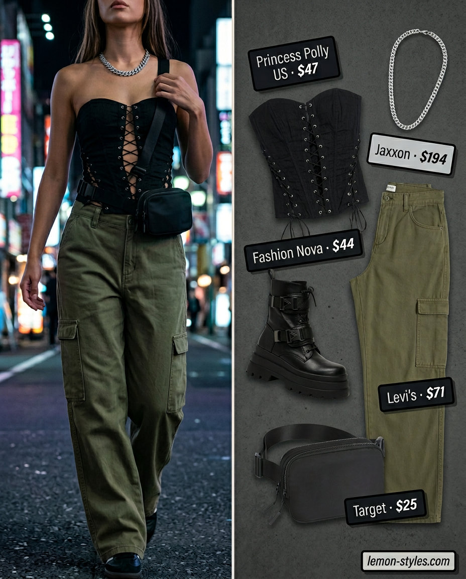 Glam summer night out outfits for women 2026: Olive cargo pants with black corset top.