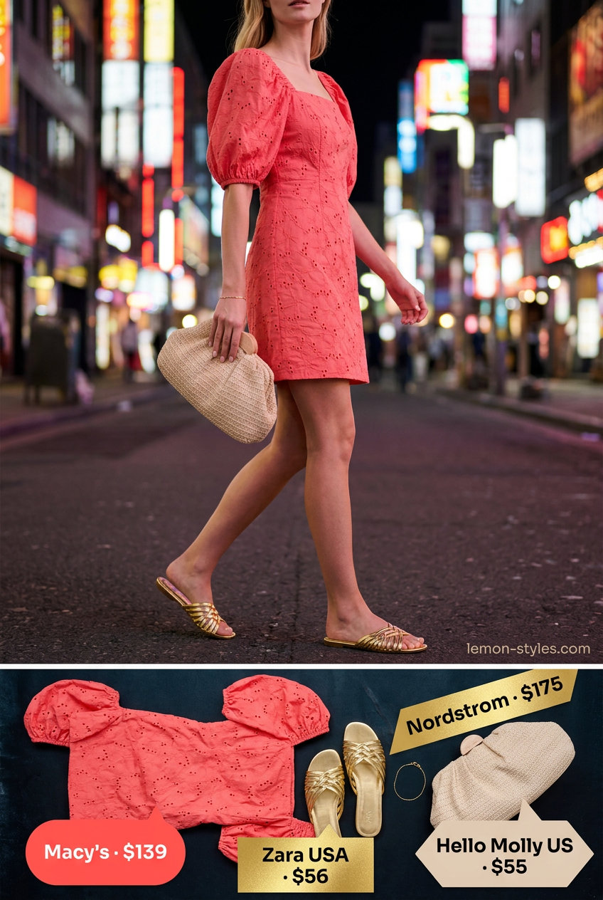 Glam summer night out outfits for women 2026: Coral pink puff sleeve mini dress.