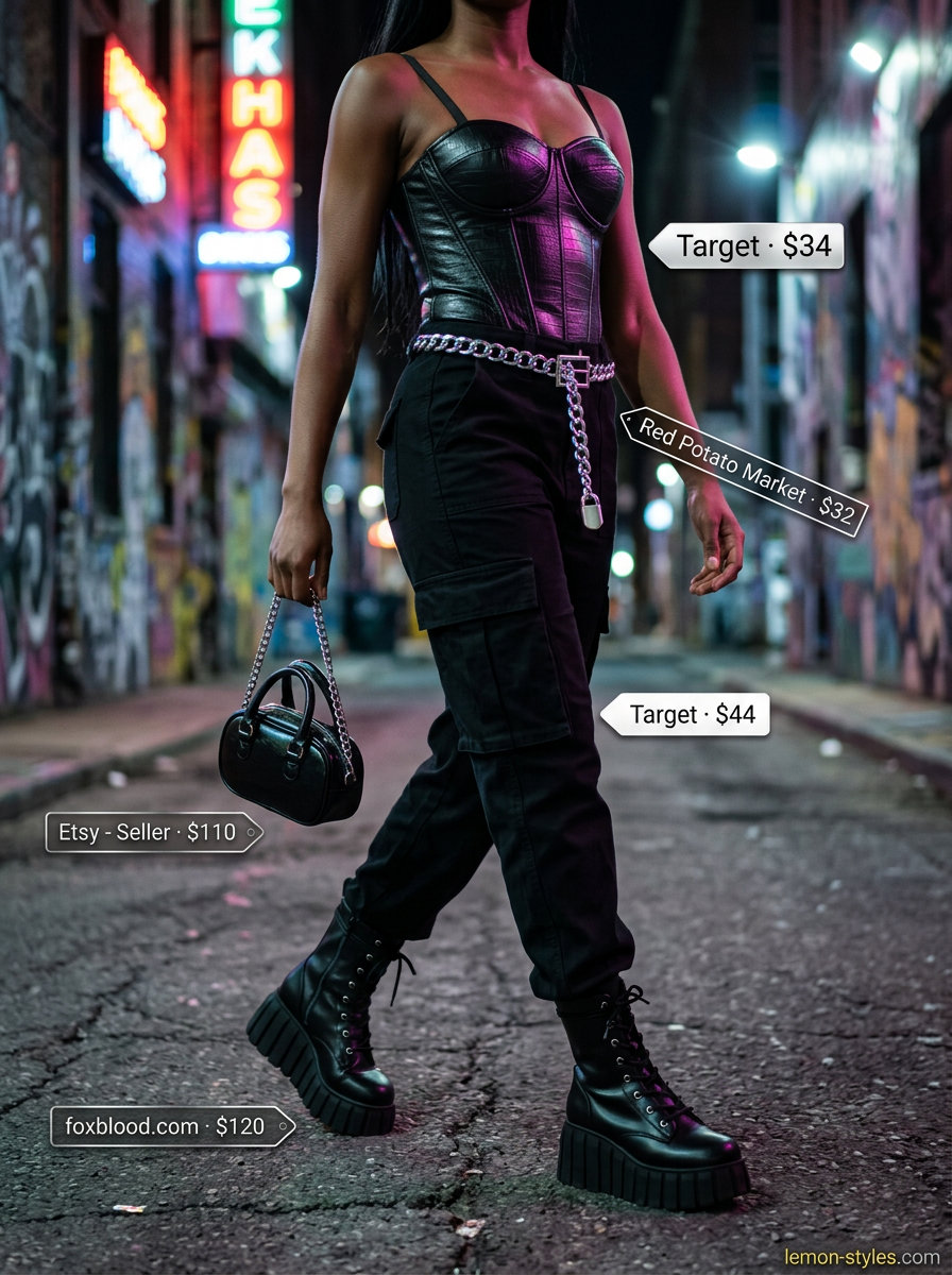 Glam summer night out outfits for women 2026: Black corset top with cargo pants.