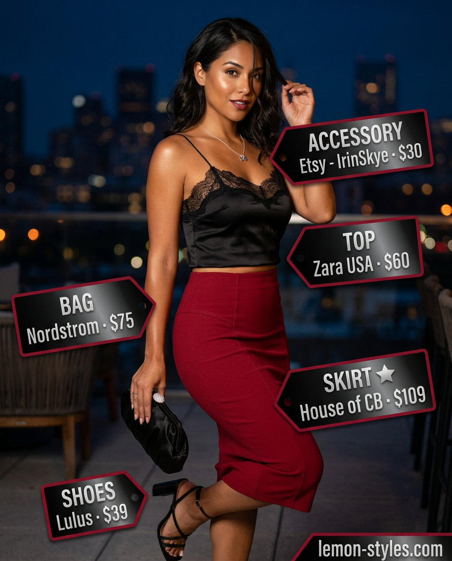 Glam summer night out outfits for women 2026: Crimson red midi skirt with lace camisole.