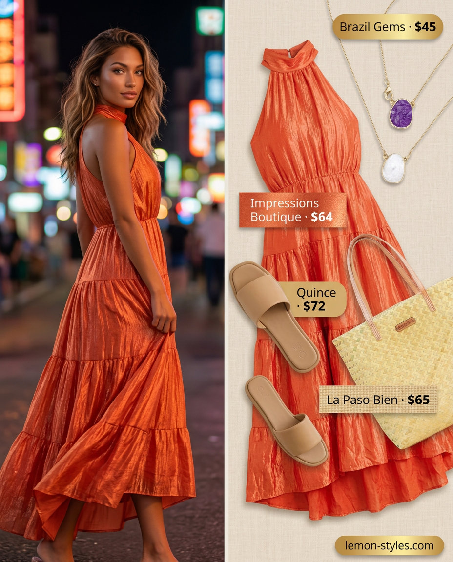 Glam summer night out outfits for women 2026: Sunset orange maxi dress, leather slides, and layered gold necklaces.