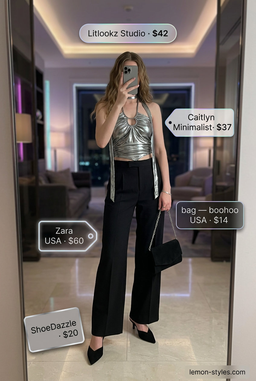 Glam summer night out outfits for women 2026: Silver metallic halter top with black wide-leg pants.