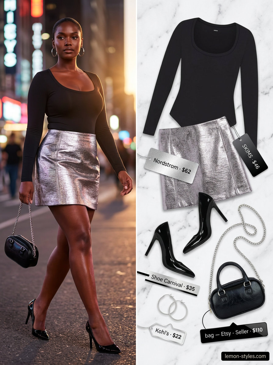 Glam summer night out outfits for women 2026: Silver metallic mini skirt, black bodysuit, and stiletto pumps.