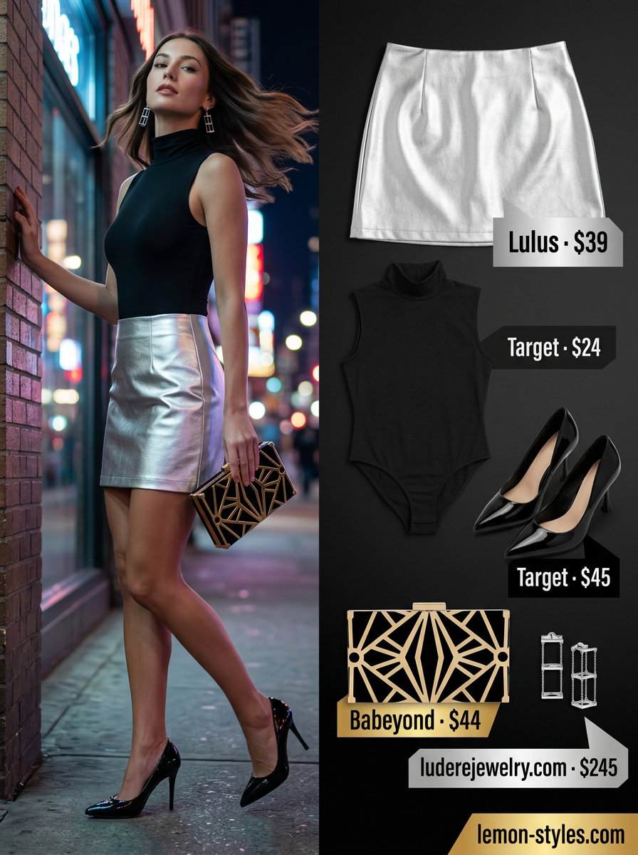 Glam summer night out outfits for women 2026: Silver metallic mini skirt with black bodysuit.