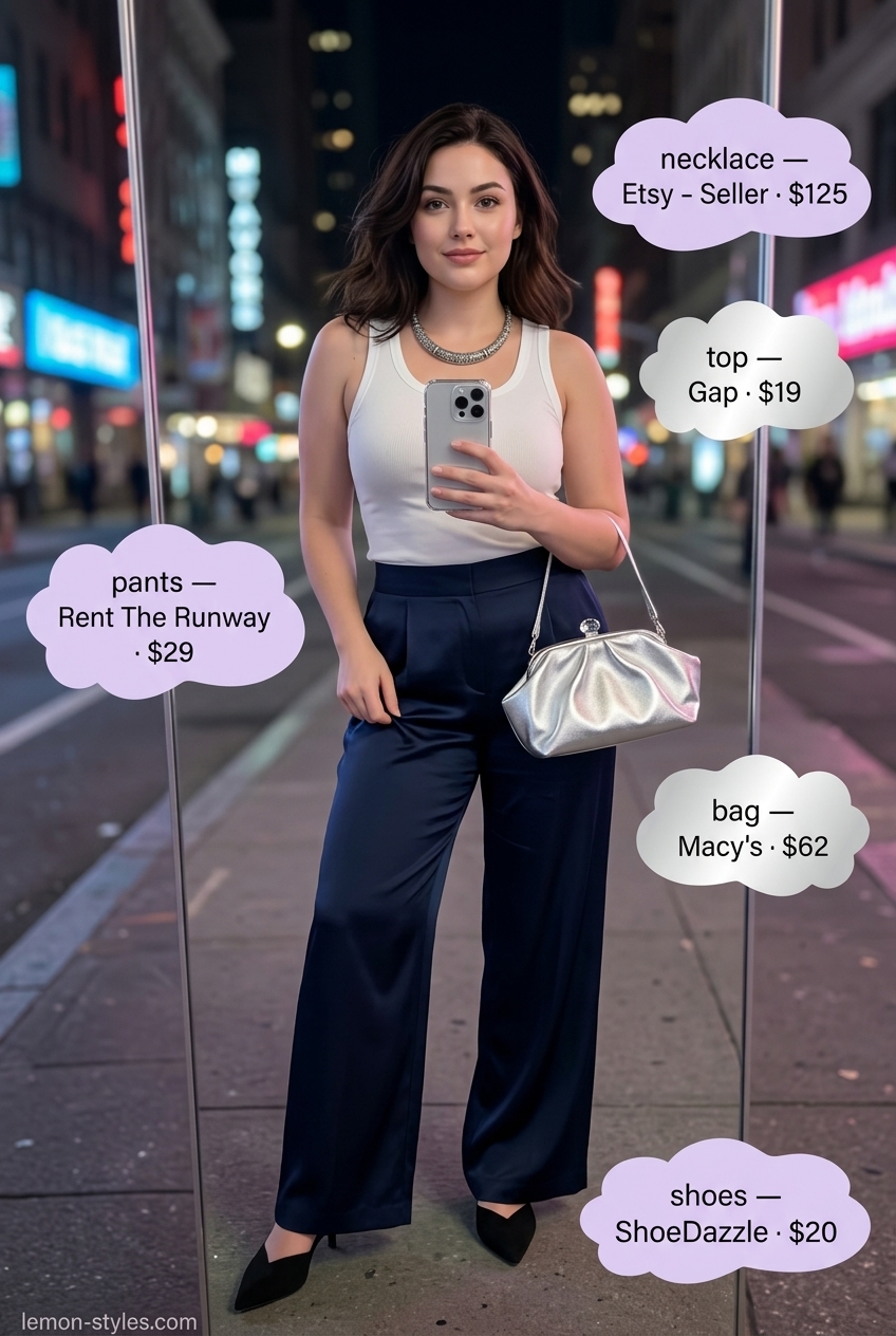 Glam summer night out outfits for women 2026: Navy satin pants, white tank, silver clutch and necklace.