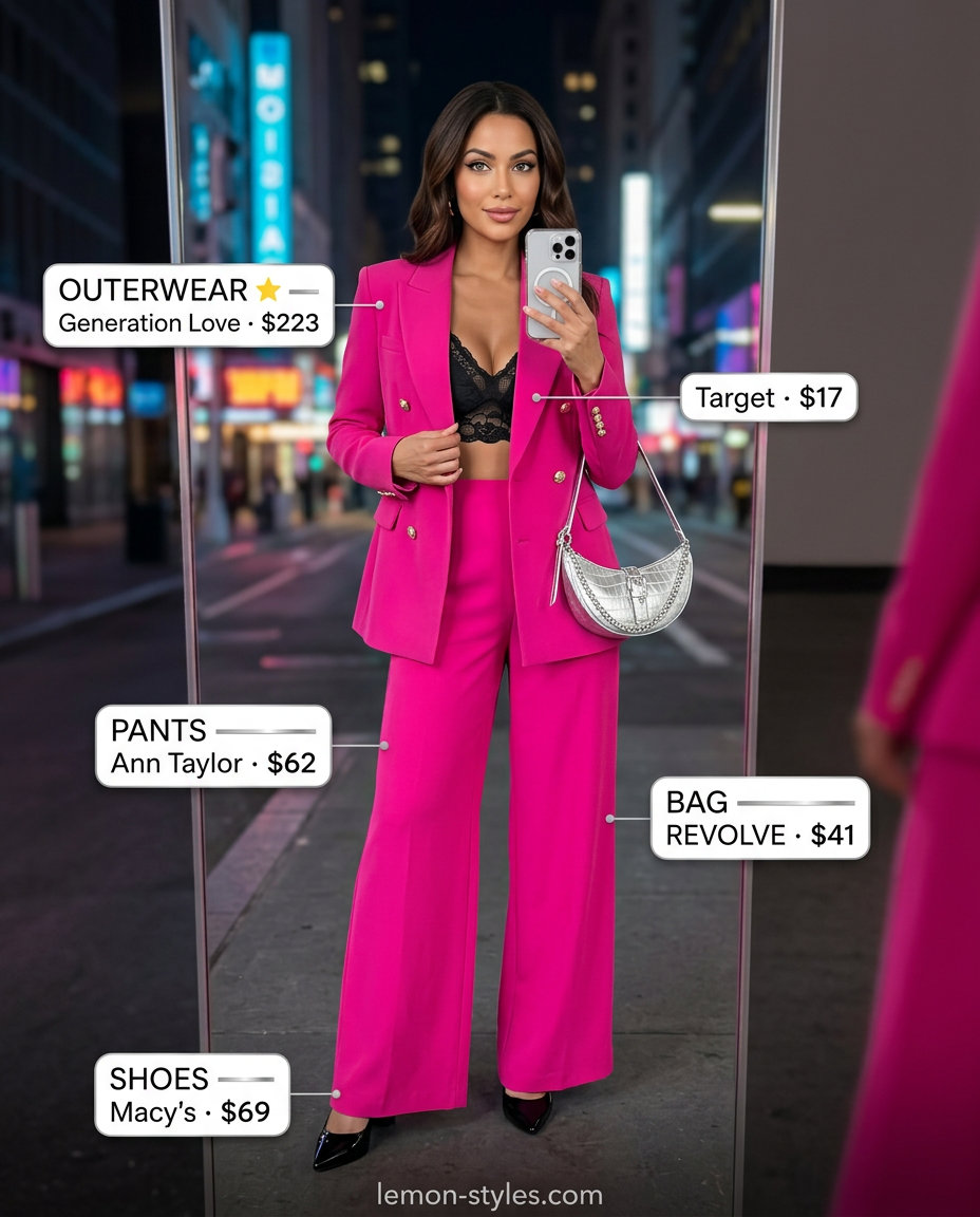 Glam summer night out outfits for women 2026: Hot pink power suit, black bralette, and block heels.
