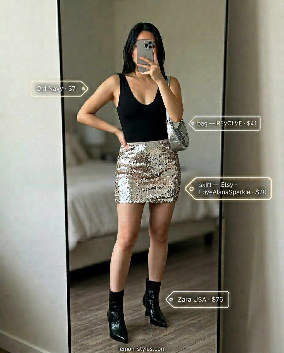 Glam summer night out outfits for women 2026: Champagne sequin mini skirt with black bodysuit.