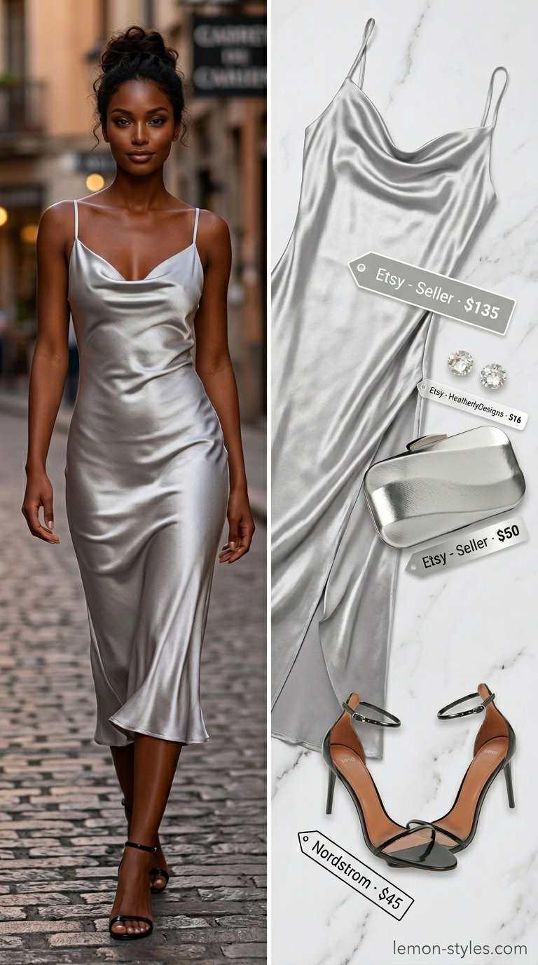 Glam summer night out outfits for women 2026: Silver slip dress, crystal earrings, and metallic clutch.