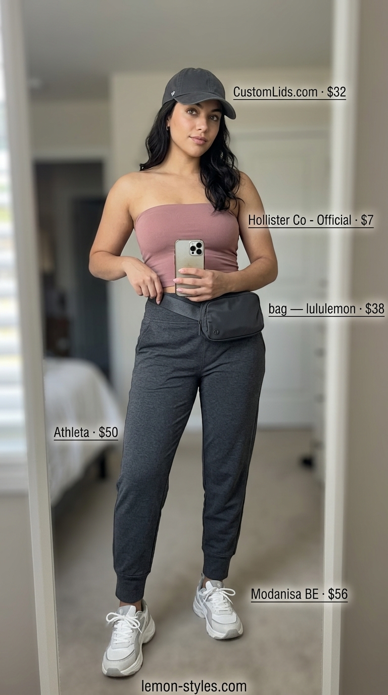 Soft pink knit summer tube top outfits 2026 with charcoal joggers, sneakers, and belt bag for athleisure.