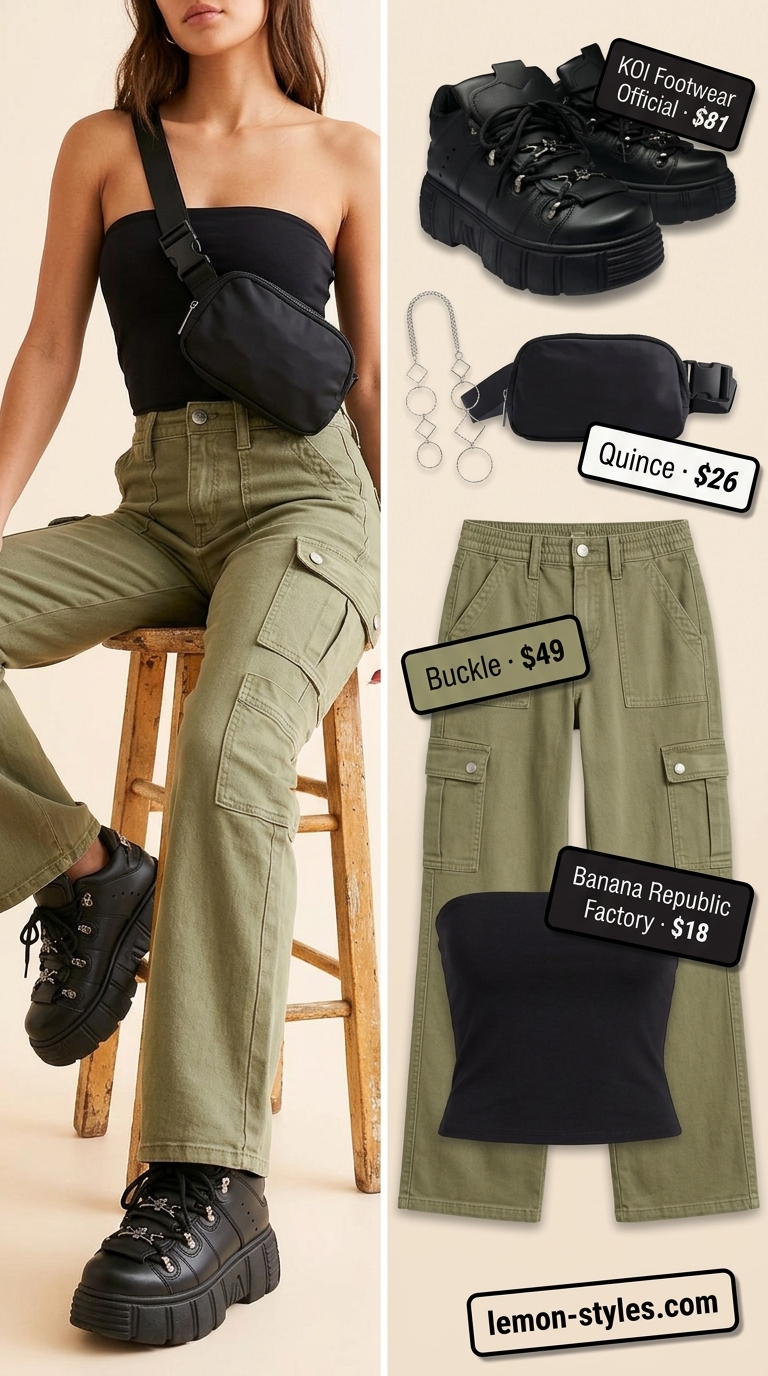 Knit summer tube top outfits 2026: Black tube top, olive cargo pants, chunky sneakers, and belt bag for an urban look.