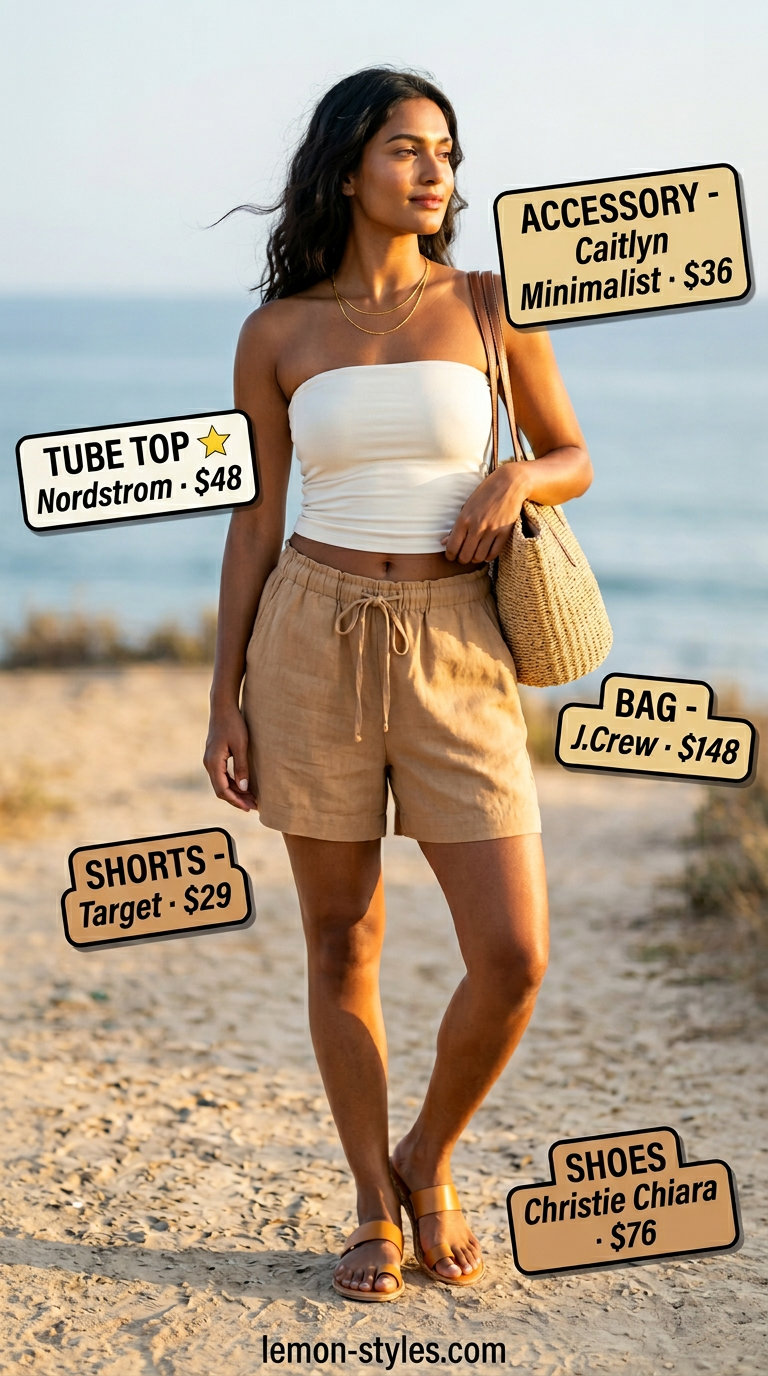 Knit summer tube top outfits 2026: Cream tube top, linen shorts, straw tote for a relaxed coastal look.