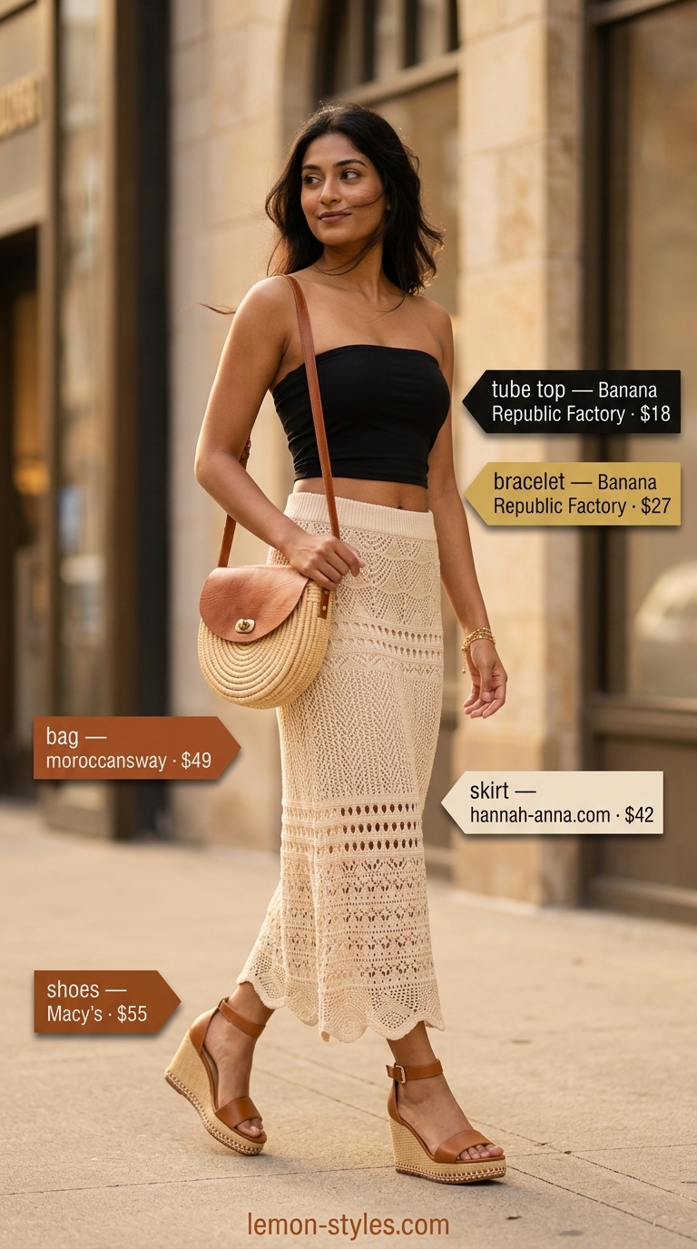 Natural crochet knit summer tube top outfits 2026 with midi skirt, espadrille wedges, and layered bracelets for brunch.