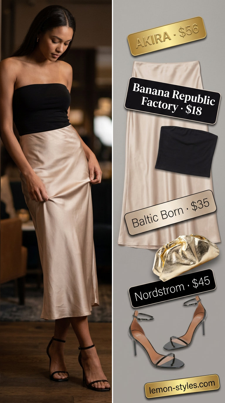 Black knit summer tube top outfits 2026 with champagne satin skirt, gold sandals, and clutch for cocktail party.