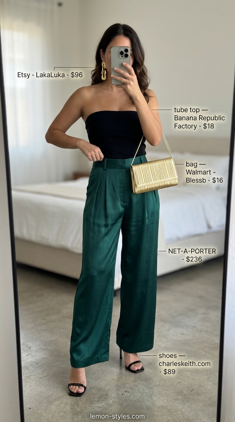 Knit summer tube top outfits 2026: Black tube top, emerald satin pants, gold earrings for an evening event.