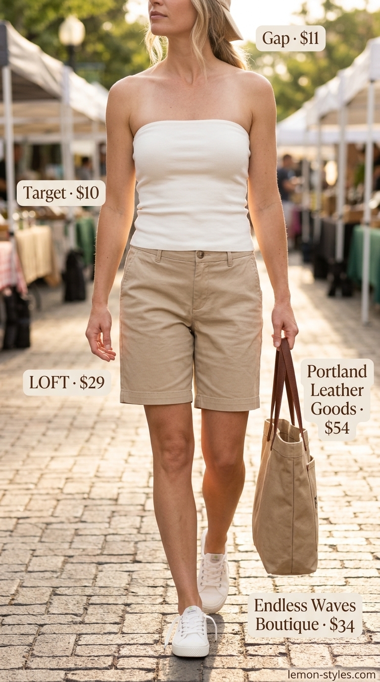White knit summer tube top outfits 2026 with khaki shorts, canvas sneakers, and baseball cap for casual weekend.