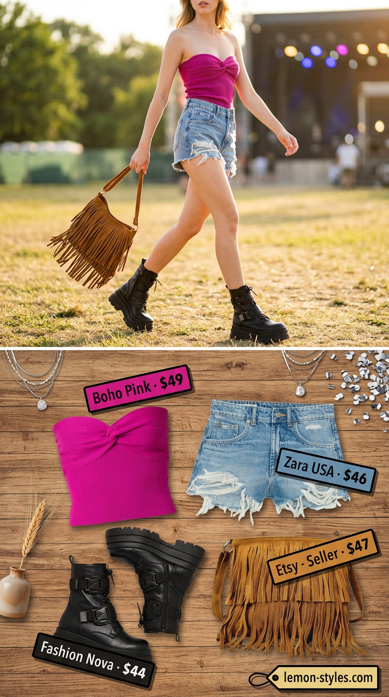 Knit summer tube top outfits 2026: Magenta tube top, distressed denim shorts, platform boots for a festival.