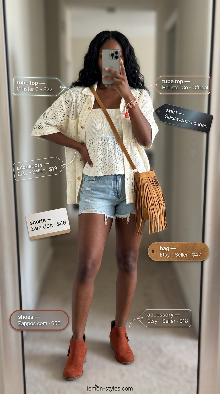 Knit summer tube top outfits 2026: Crochet tube top layered under an open-weave shirt, denim shorts for festival.