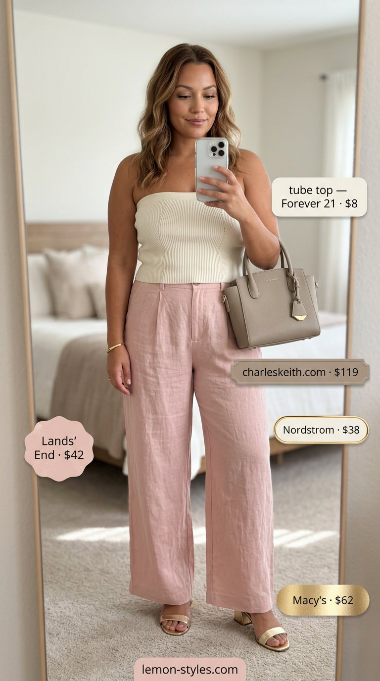 Knit summer tube top outfits 2026: Cream tube top, blush pink linen pants, block heels, and top-handle bag for chic style.