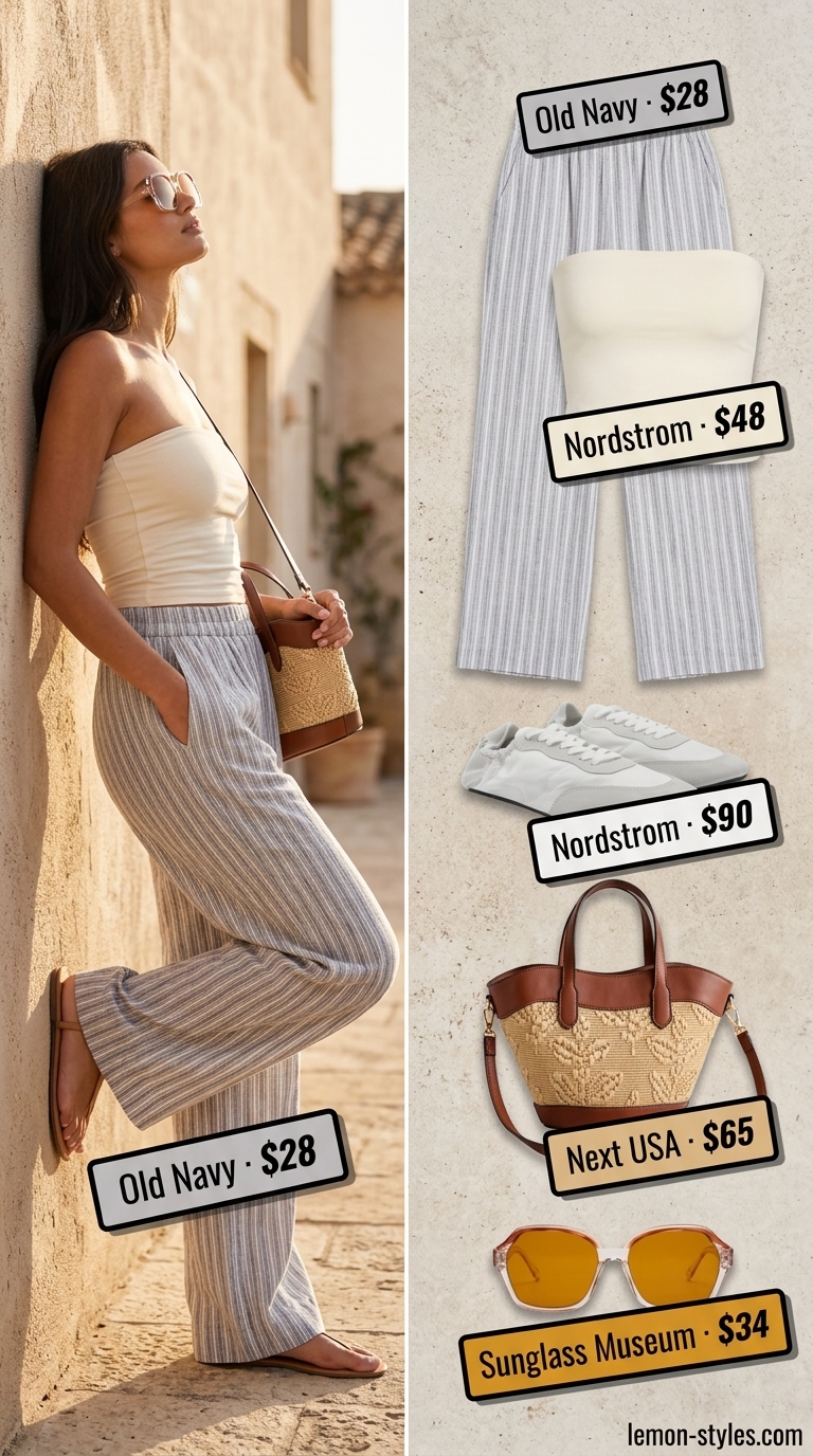 Knit summer tube top outfits 2026: Sky blue linen pants, white tube top, raffia bag, and white sneakers for a chic casual look.