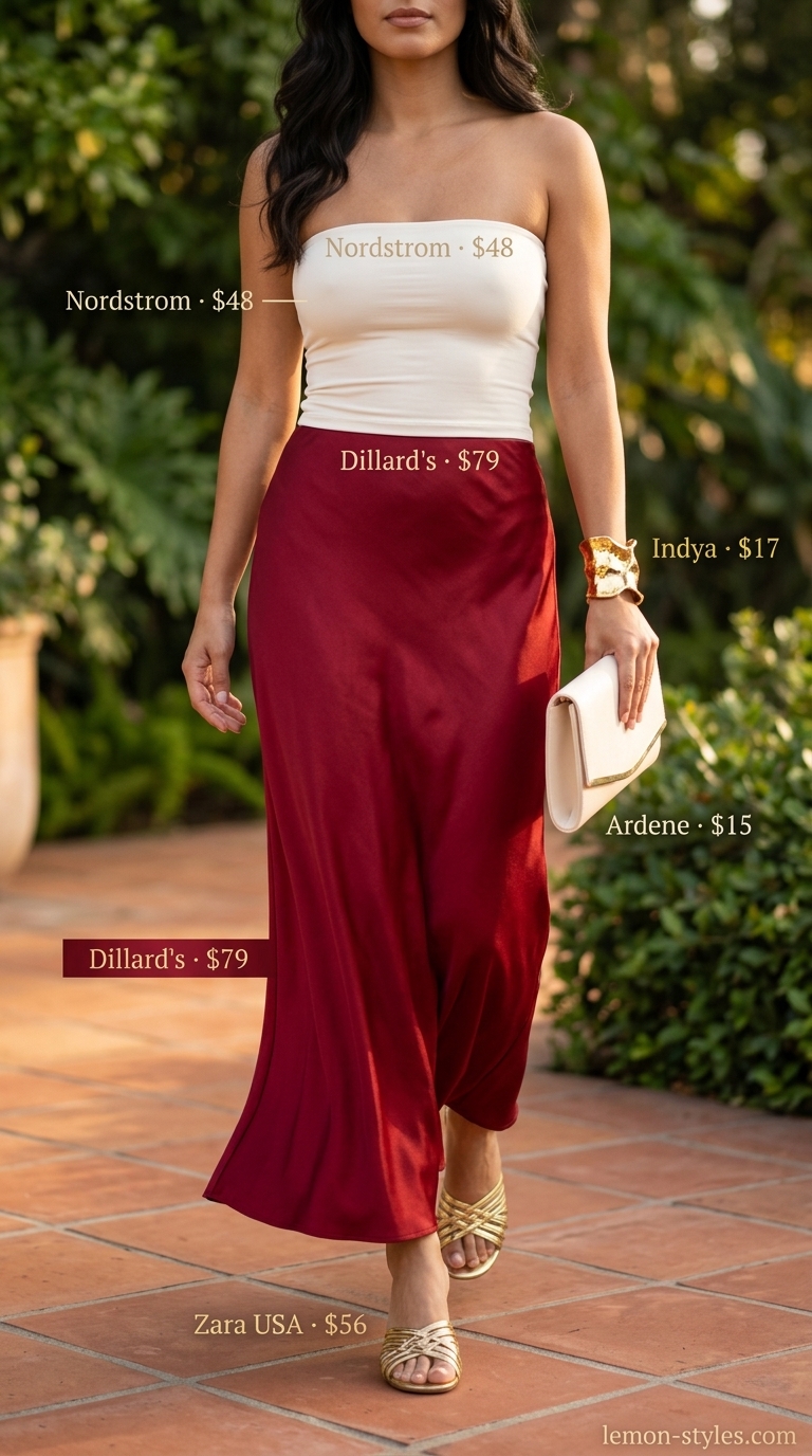 Knit summer tube top outfits 2026: White tube top, coral maxi skirt, gold sandals, and cuff bracelet for a vibrant evening.