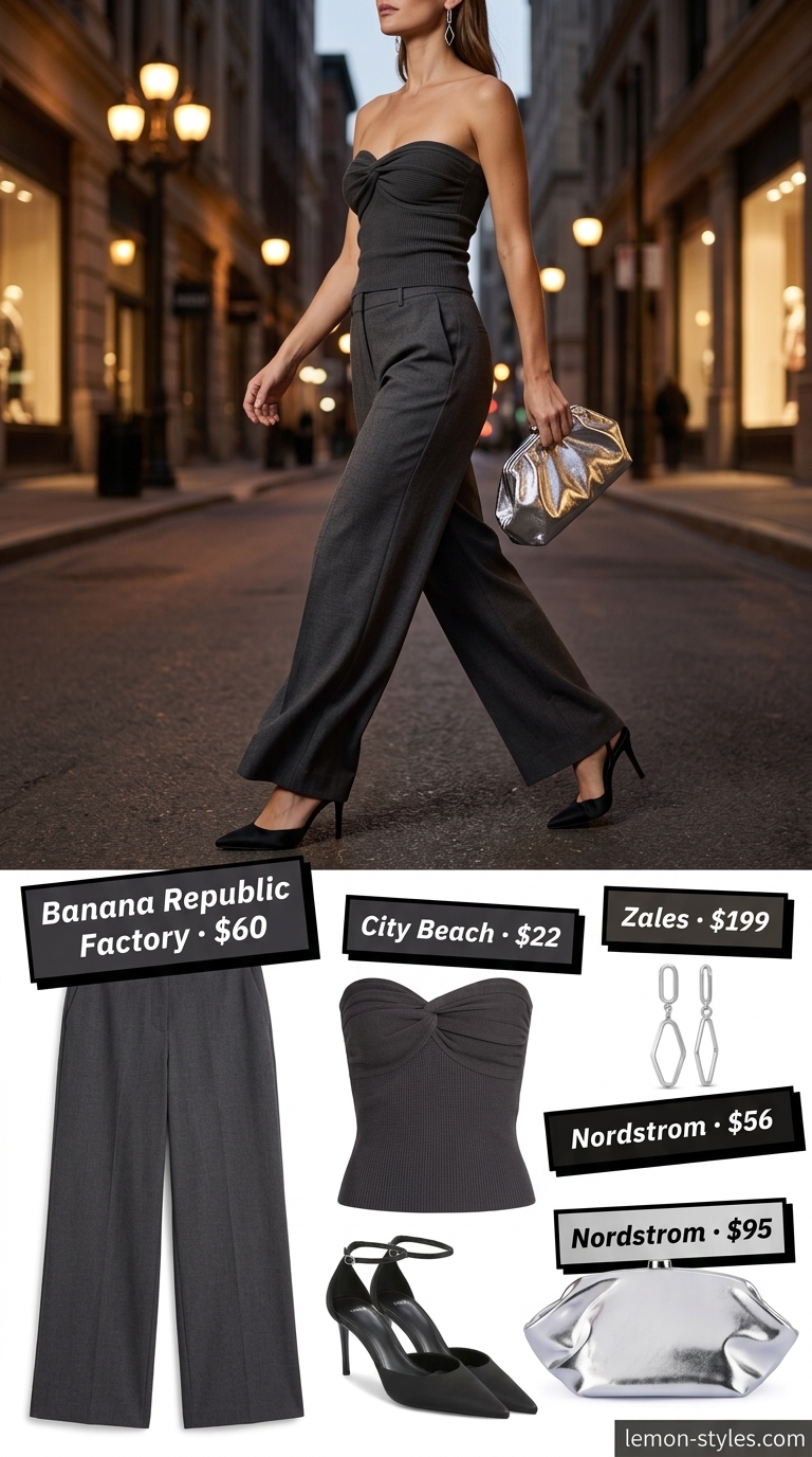Charcoal grey knit summer tube top outfits 2026 with wide-leg pants, silver clutch, and heels for evening.