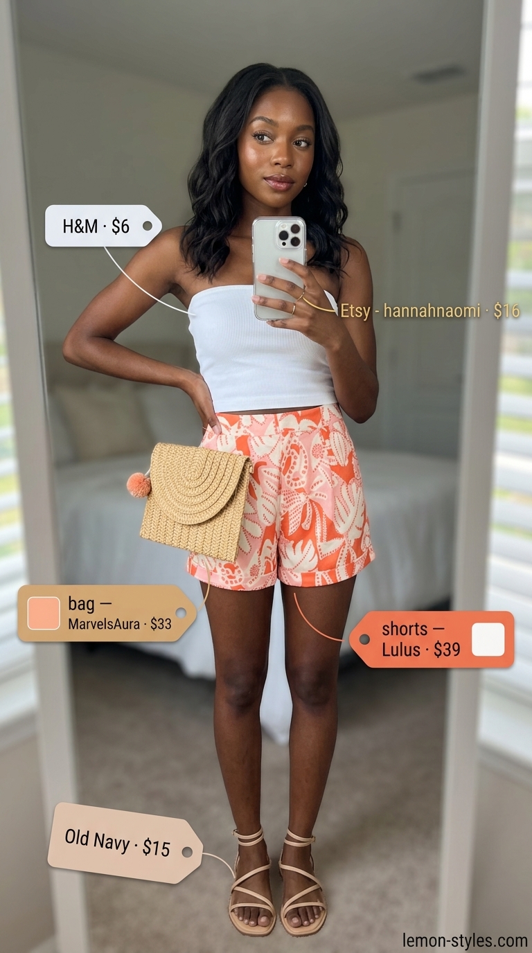 Knit summer tube top outfits 2026: White tube top, patterned shorts, straw clutch, and tan sandals for a playful look.
