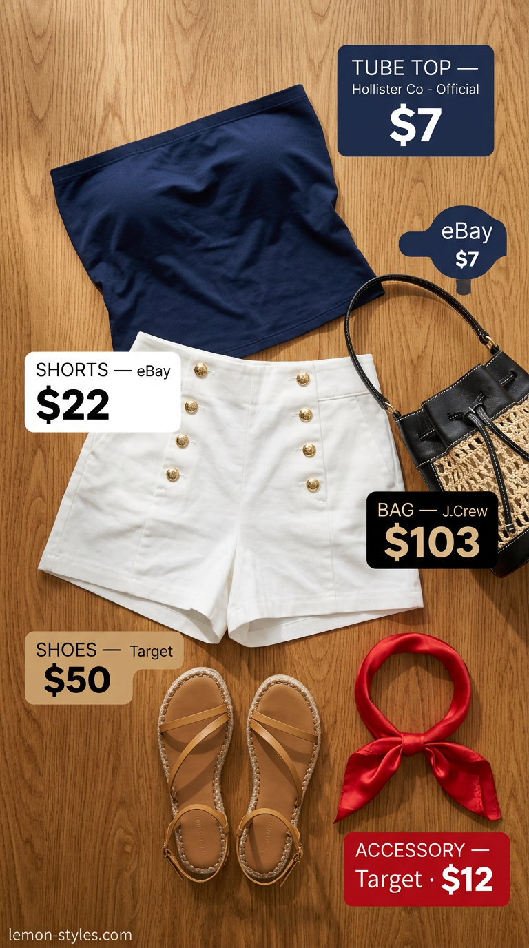 Knit summer tube top outfits 2026: Navy tube top, white sailor shorts, red bandana for a retro nautical look.