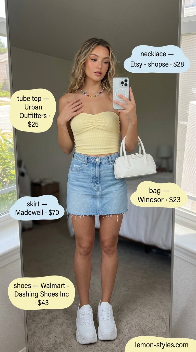 Knit summer tube top outfits 2026: Bright yellow tube top, denim mini skirt, platform sneakers for a retro look.