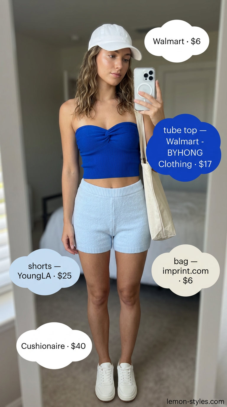 Knit summer tube top outfits 2026: Pastel blue matching knit set with shorts and tube top for travel.