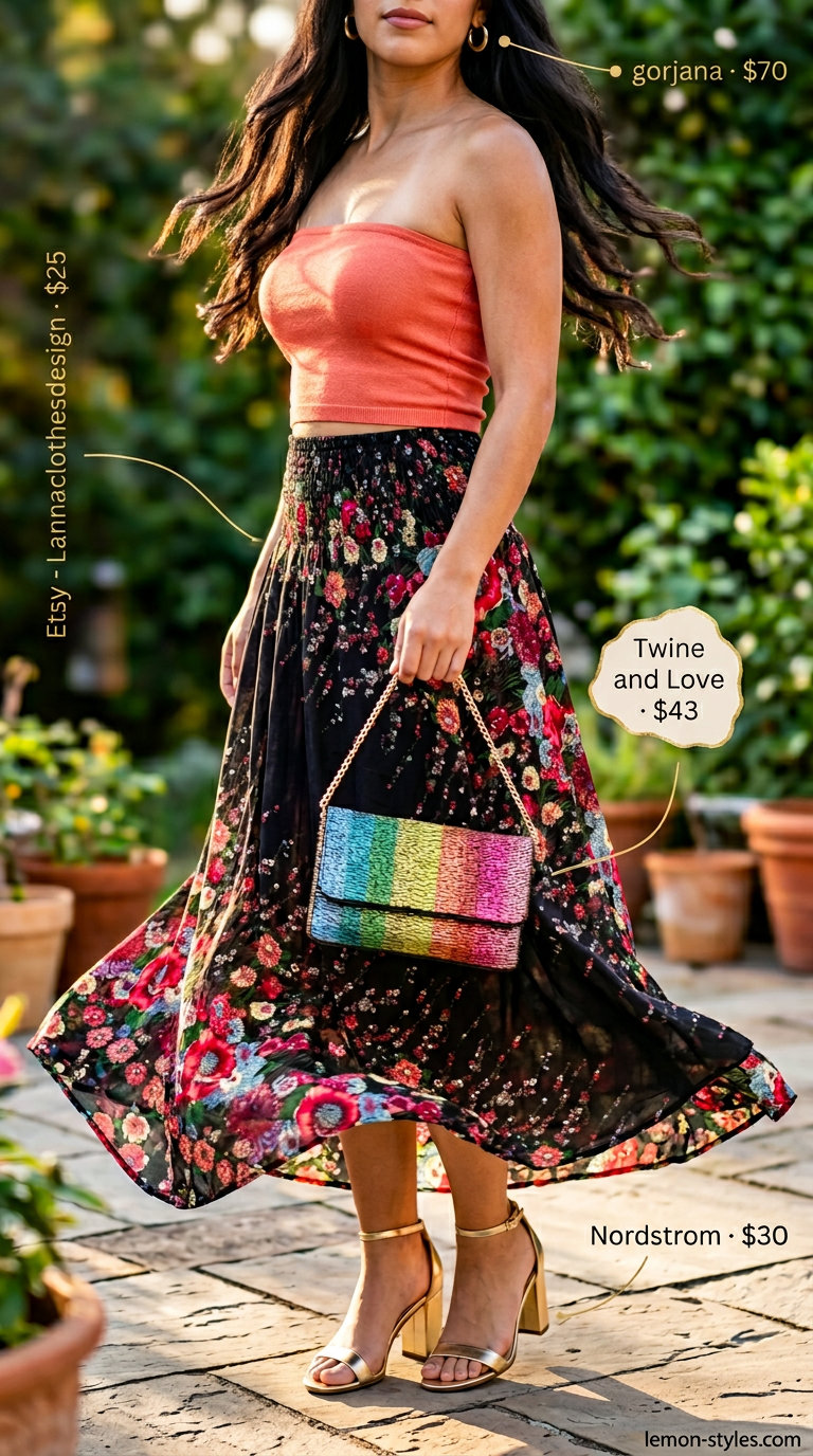 Coral knit summer tube top outfits 2026 with floral maxi skirt, gold sandals, and beaded clutch for evening.