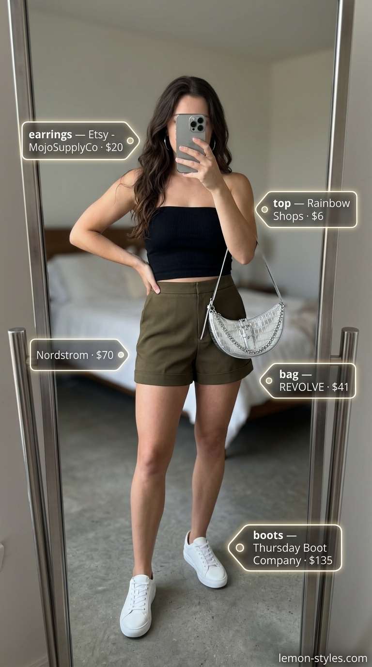 Knit summer tube top outfits 2026: Olive green shorts, black tube top, silver hoops, white sneakers for city exploration.