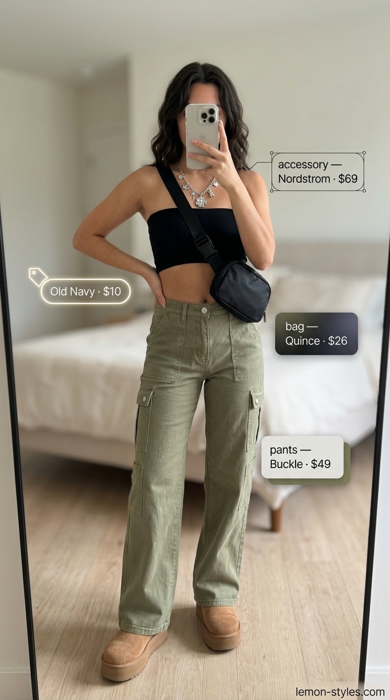 Black knit summer tube top outfits 2026 with khaki cargo pants, platform sandals, and belt bag for urban exploration.