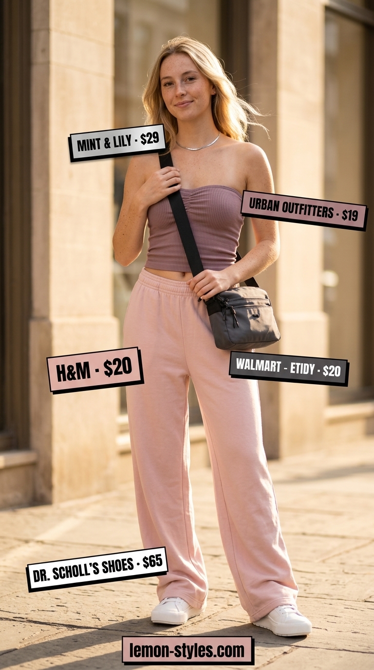 Blush pink knit summer tube top outfits 2026 with matching pants, white sneakers, and crossbody bag for weekend lounging.