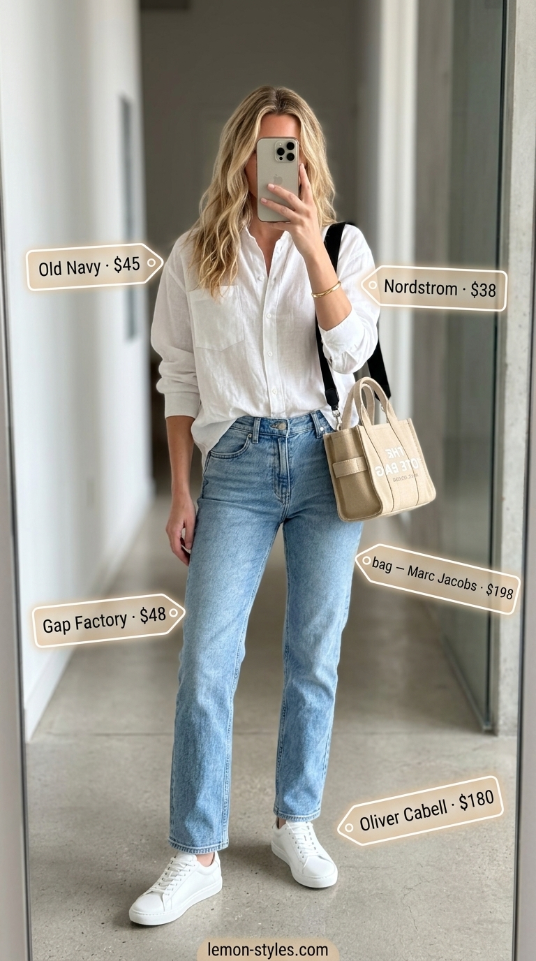 LA summer outfits for women 2026: Casual white linen shirt, light wash jeans, tote bag, and sneakers for weekend errands.