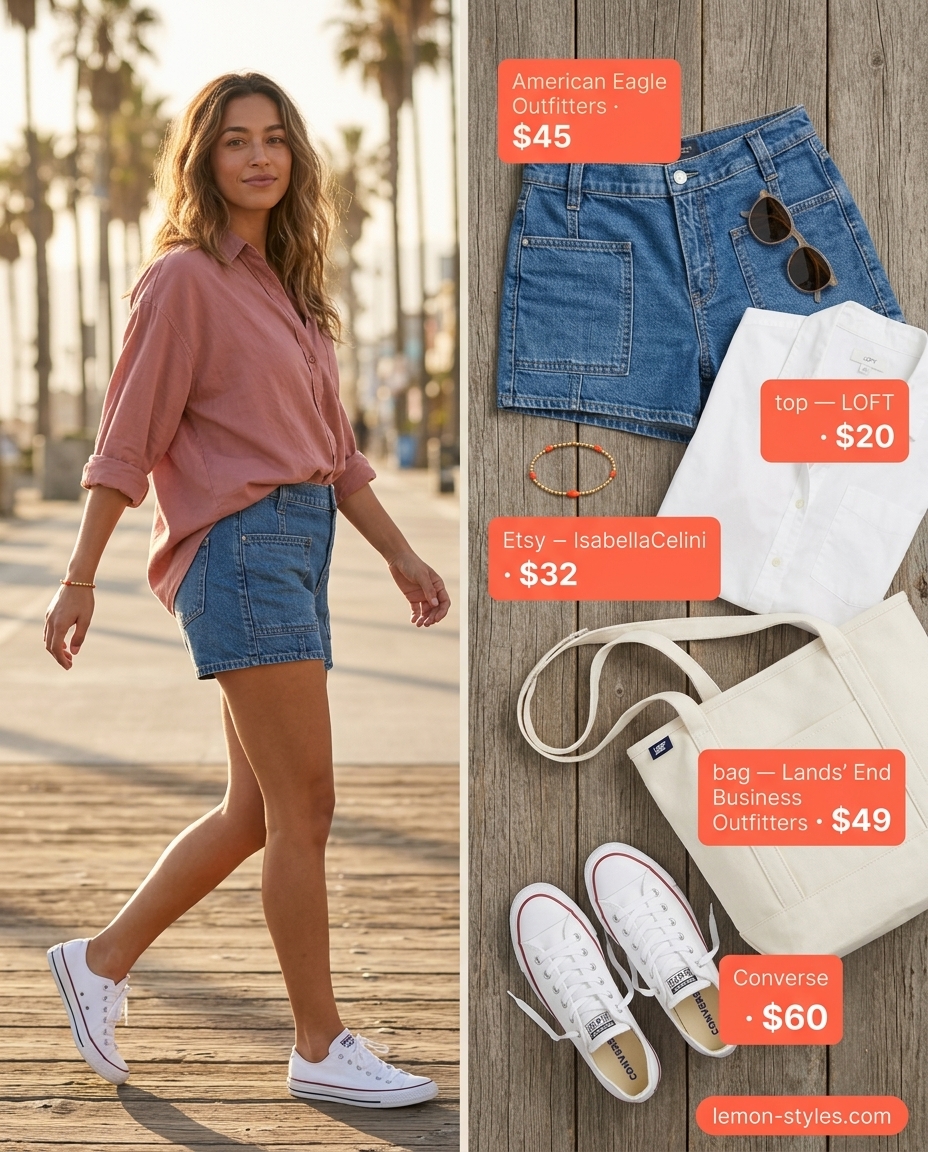 LA summer outfits for women 2026: Denim shorts, oversized white shirt, coral bracelet, and canvas tote.
