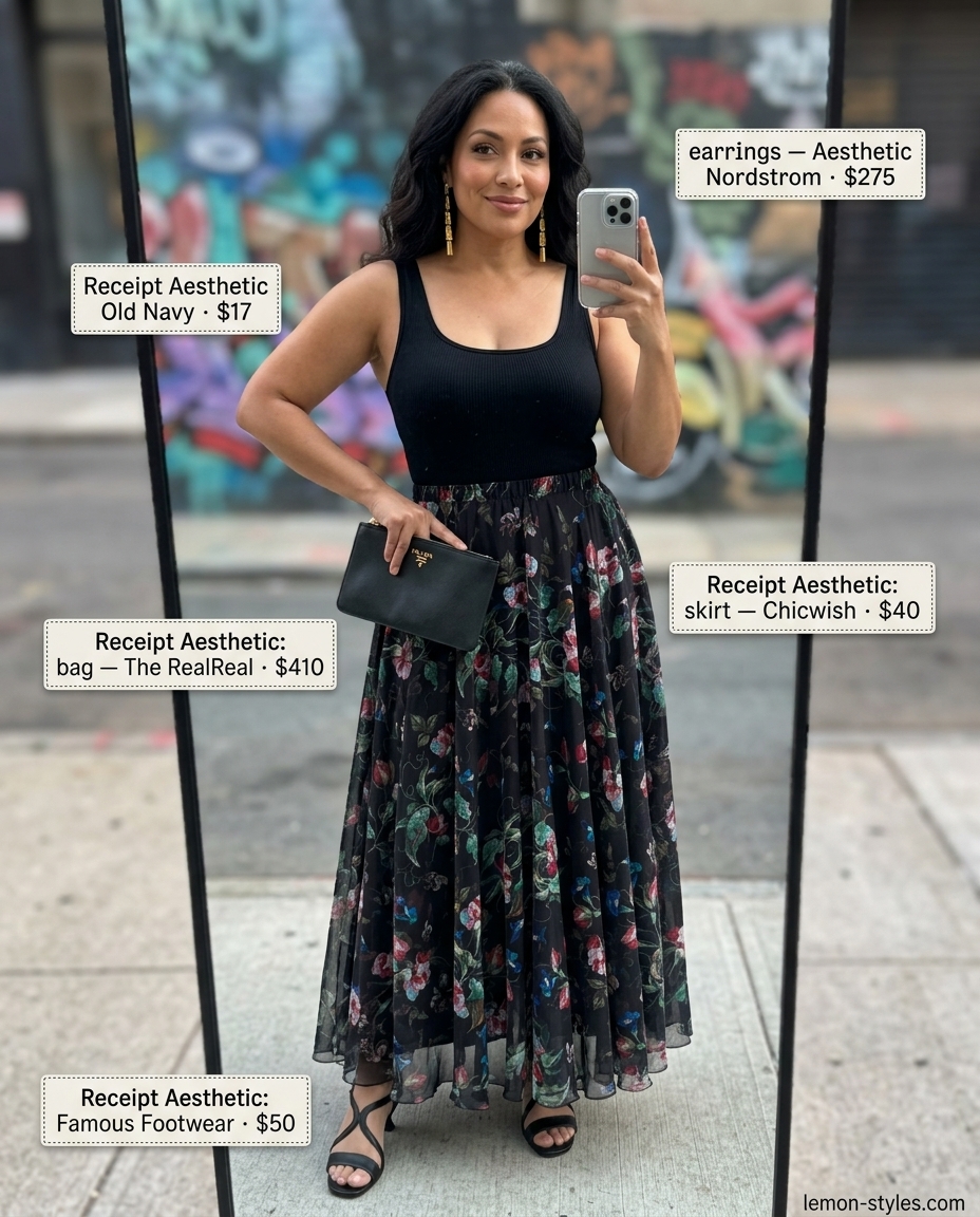 LA summer outfits for women 2026: Dramatic floral maxi skirt, black bodysuit, heeled sandals, and statement earrings.
