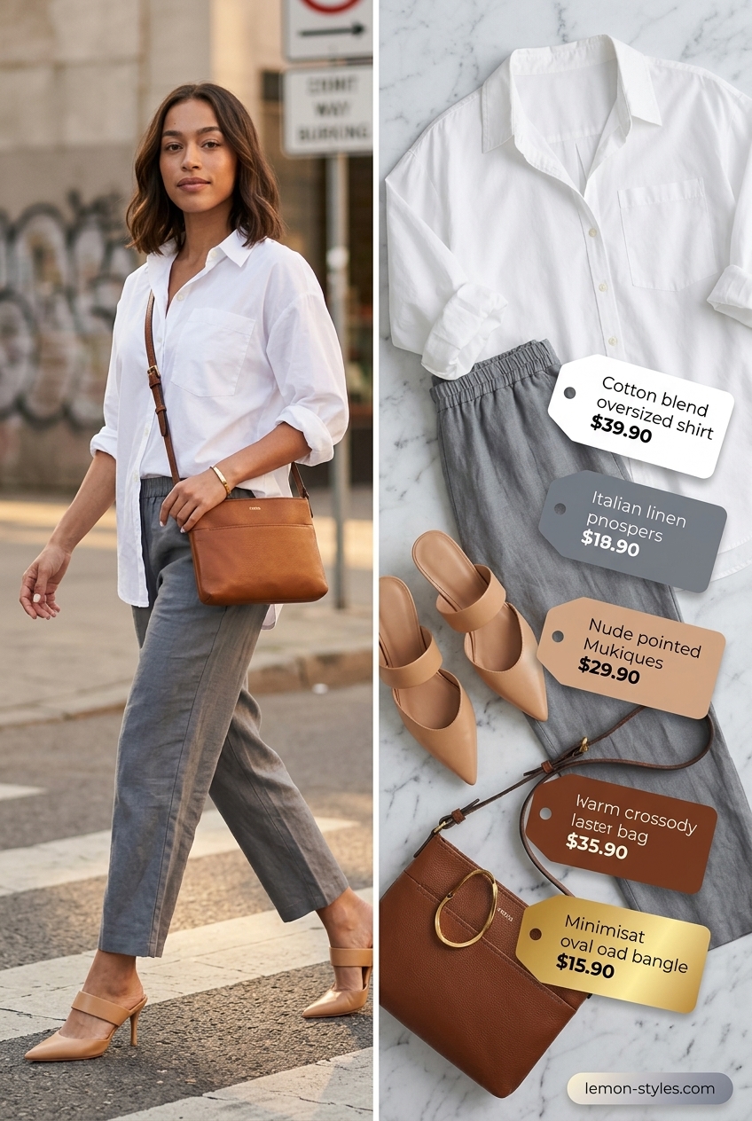 LA summer outfits for women 2026: Chic slate grey linen pants, oversized white shirt, nude mules, and crossbody bag.