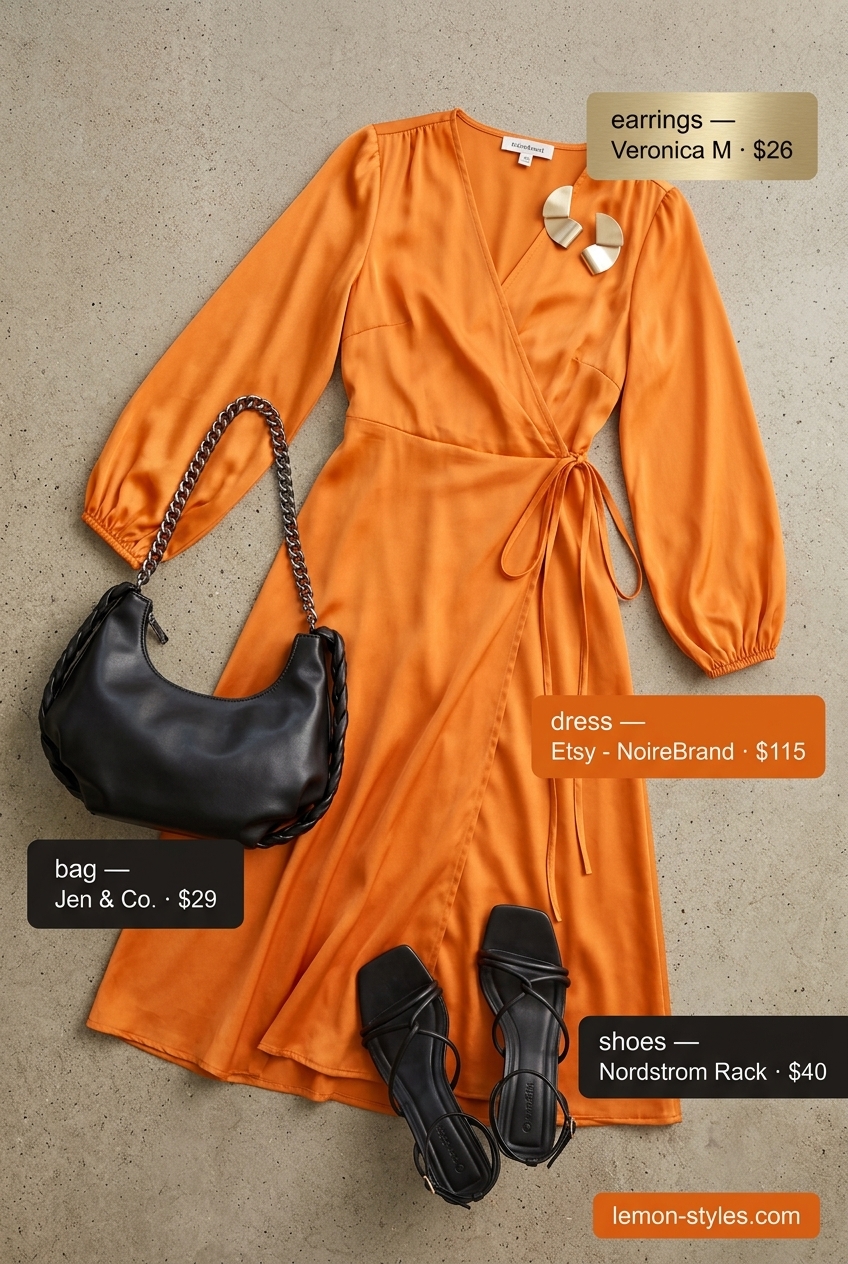 LA summer outfits for women 2026: Mango orange wrap dress, black sandals, shoulder bag, and gold geometric earrings.