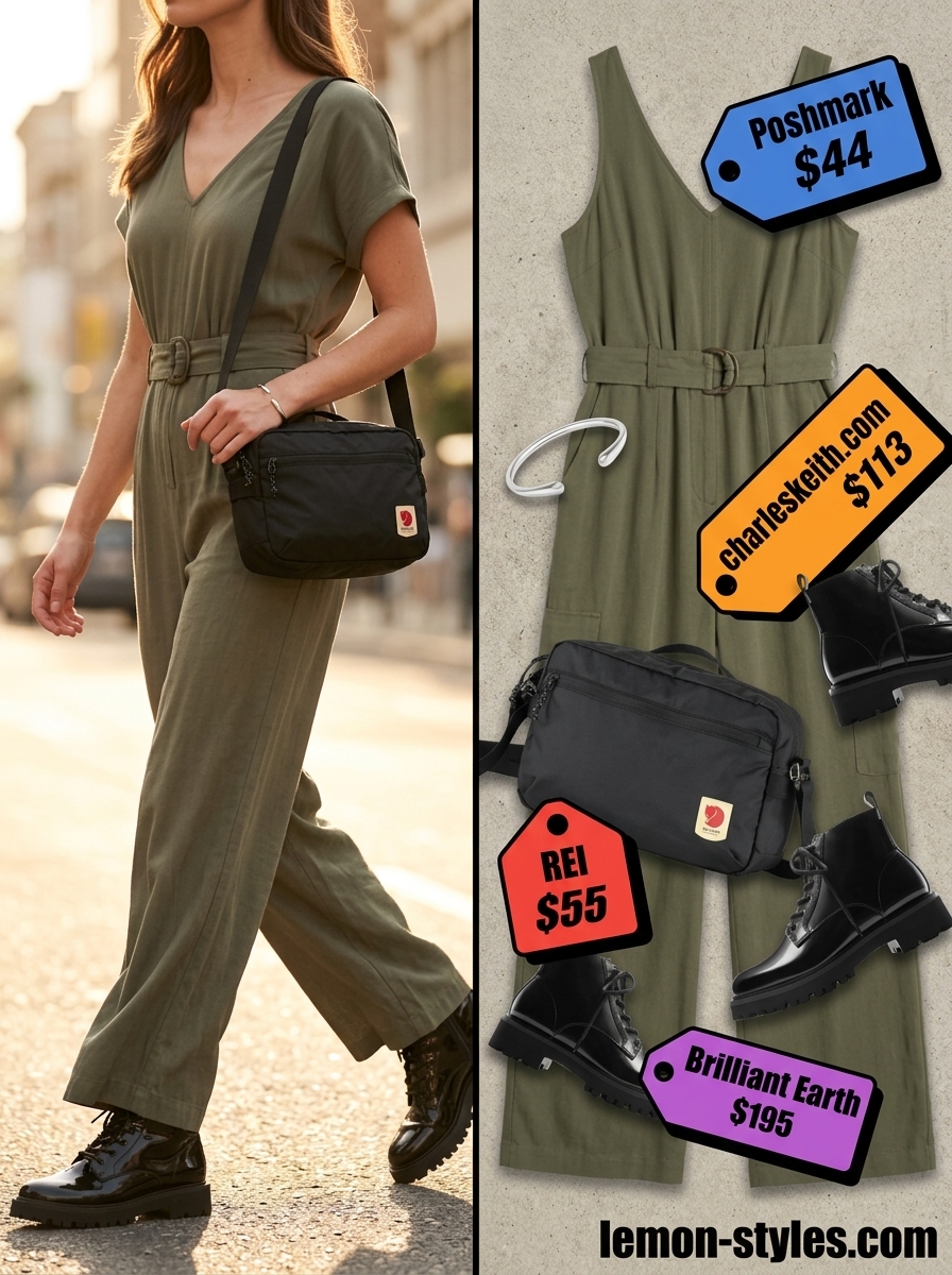 LA summer outfits for women 2026: Olive green utility jumpsuit, black combat boots, crossbody bag, and silver cuff.