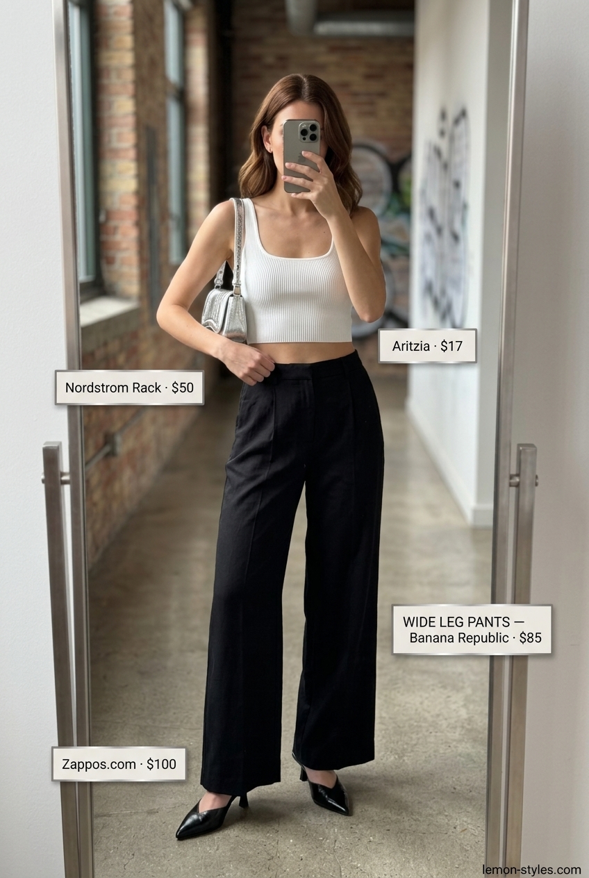 LA summer outfits for women 2026: Black wide-leg pants, white crop top, heeled mules, and silver earrings.