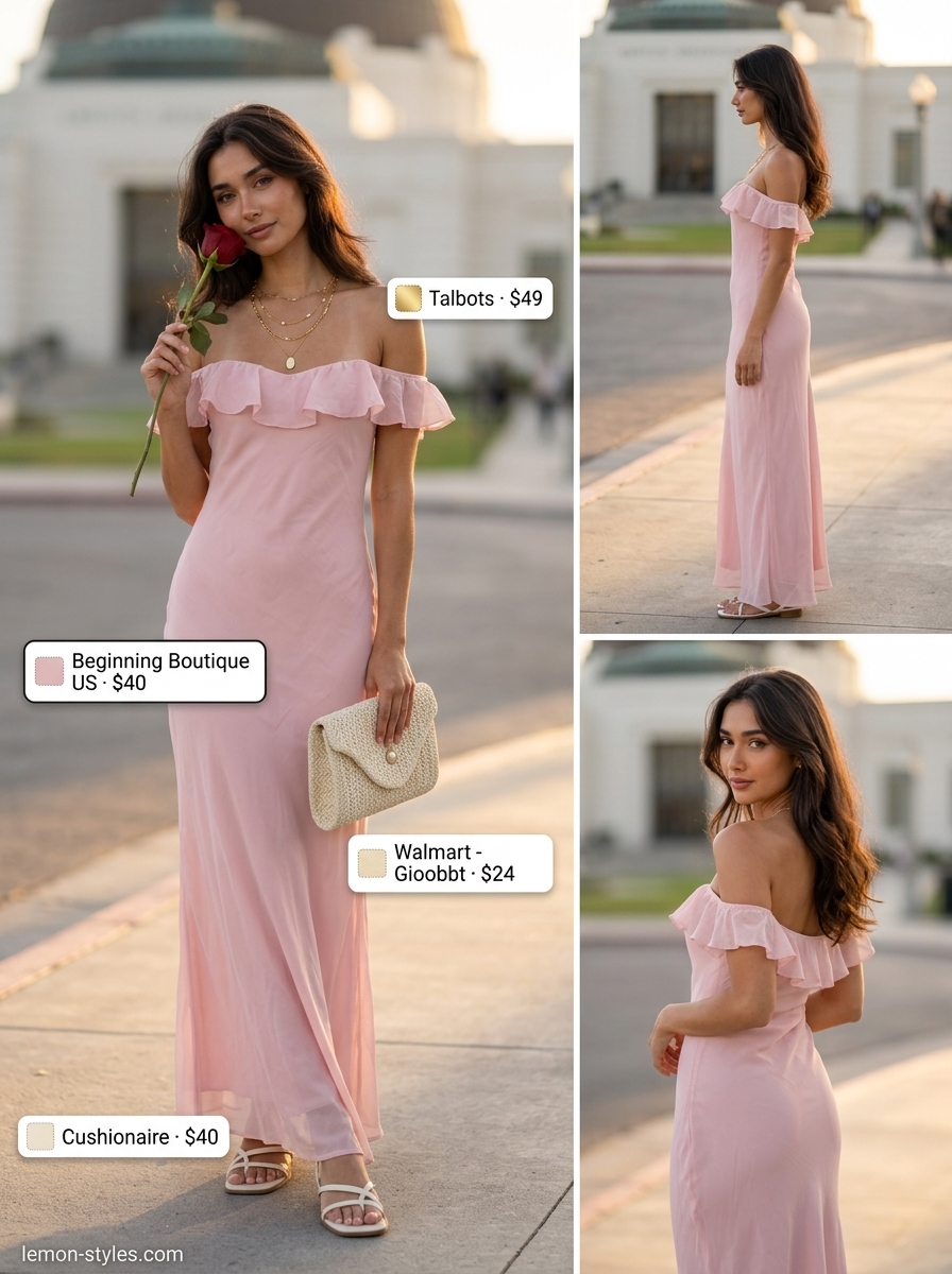 LA summer outfits for women 2026: Blush pink maxi dress, gold necklaces, straw clutch, and flat sandals for sunset.
