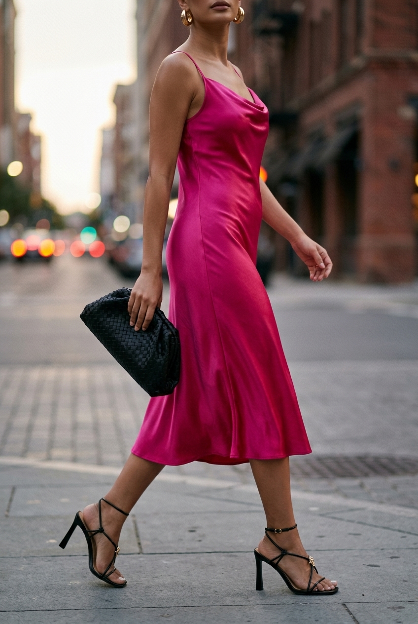 LA summer outfits for women 2026: Coral slip dress, black heels, gold hoops, and clutch for rooftop soirée.