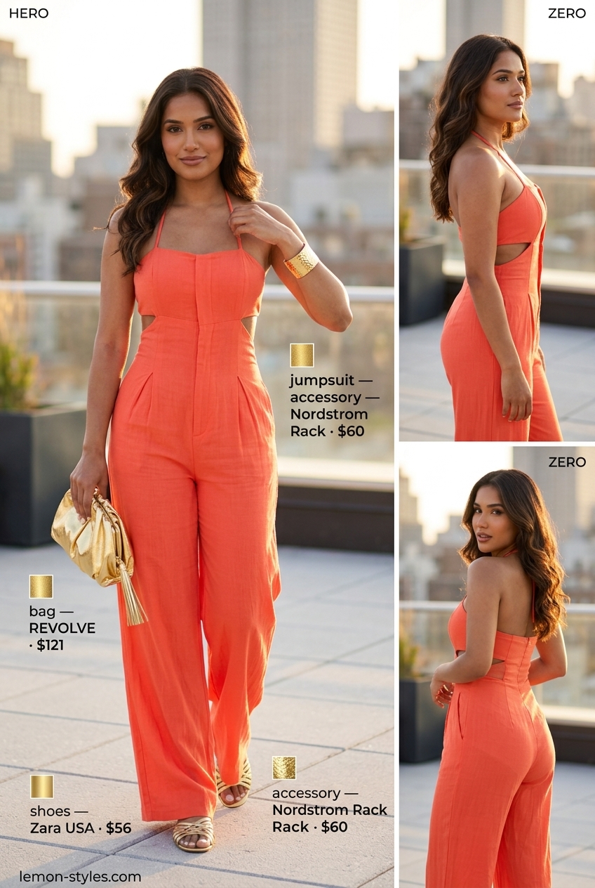 LA summer outfits for women 2026: Coral wide-leg jumpsuit, gold sandals, and metallic clutch for summer party.