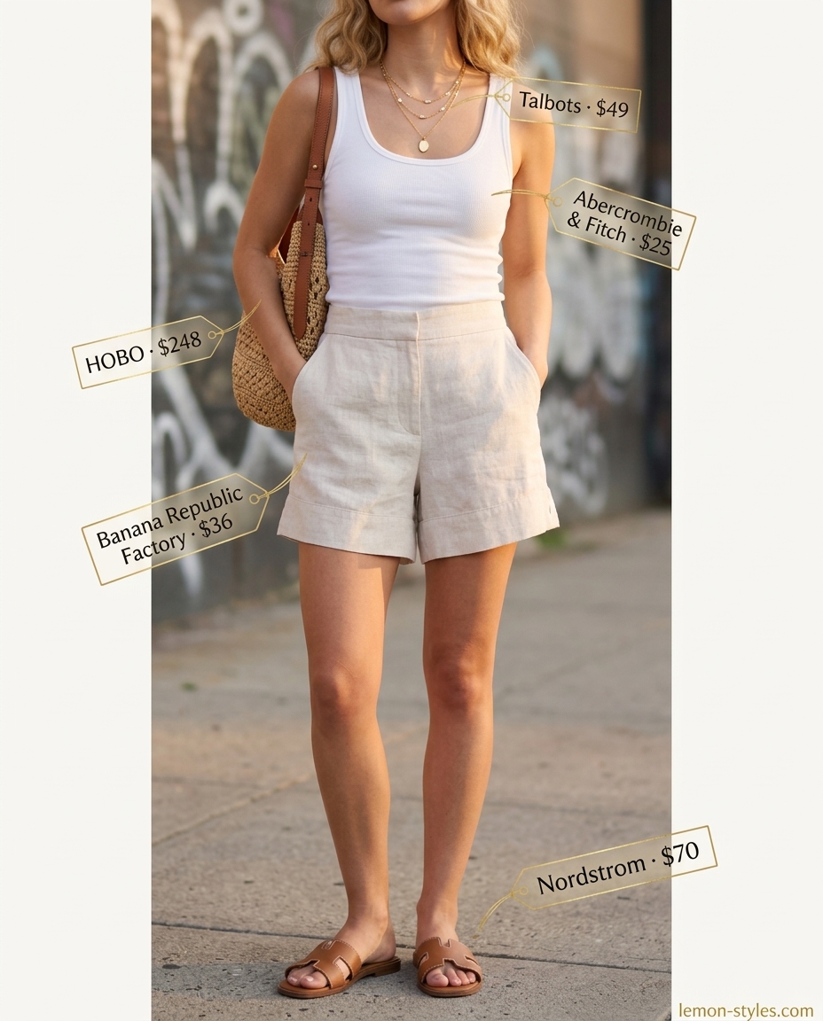 LA summer outfits for women 2026: Cream linen shorts, ribbed tank, straw crossbody, and leather slides for Malibu golden hour.
